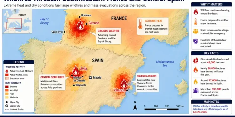 Map showing active wildfire zones, evacuation areas, and extreme heat conditions across southwestern France and central Spain.