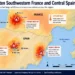 Map showing active wildfire zones, evacuation areas, and extreme heat conditions across southwestern France and central Spain.