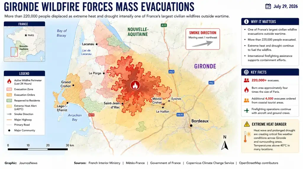 Editorial map showing the Gironde wildfire in southwestern France, including active fire perimeters, evacuation zones, smoke direction, and communities affected near Bordeaux.