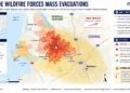 Editorial map showing the Gironde wildfire in southwestern France, including active fire perimeters, evacuation zones, smoke direction, and communities affected near Bordeaux.