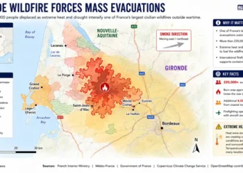 Editorial map showing the Gironde wildfire in southwestern France, including active fire perimeters, evacuation zones, smoke direction, and communities affected near Bordeaux.