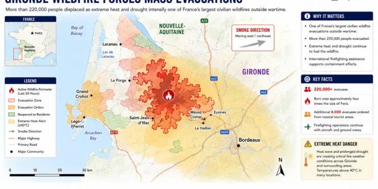 Editorial map showing the Gironde wildfire in southwestern France, including active fire perimeters, evacuation zones, smoke direction, and communities affected near Bordeaux.