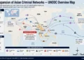World map illustrating the global expansion of Asian criminal networks, highlighting operating hubs, trafficking routes, cybercrime activities, and regions identified by the UNODC.