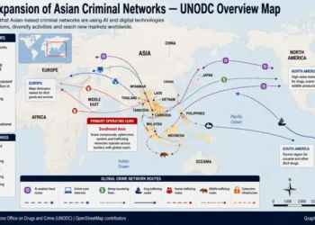 World map illustrating the global expansion of Asian criminal networks, highlighting operating hubs, trafficking routes, cybercrime activities, and regions identified by the UNODC.