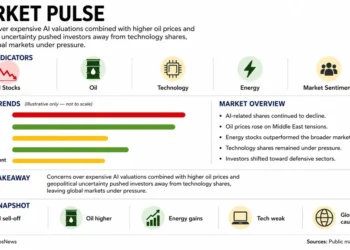 Traders monitor global stock markets as AI-related shares decline and rising oil prices pressure investors.— Graphic: JournosNews (File)