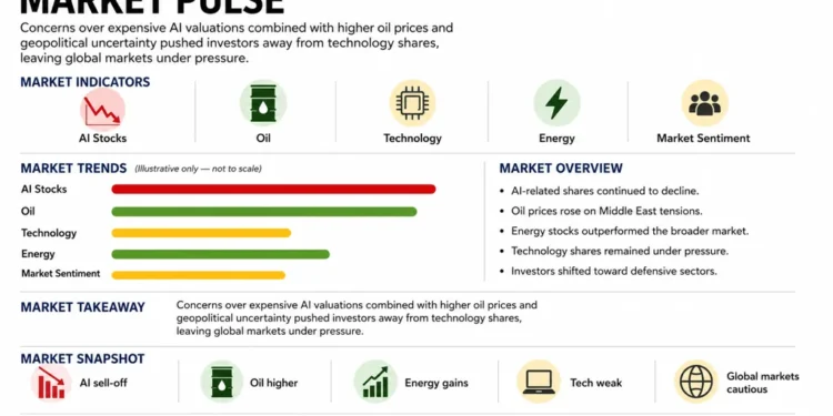 Traders monitor global stock markets as AI-related shares decline and rising oil prices pressure investors.— Graphic: JournosNews (File)