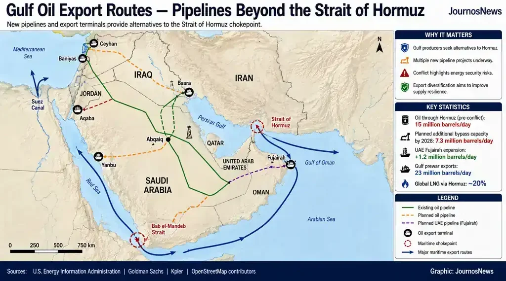 Map showing Gulf oil export routes, major pipelines, export terminals, and maritime chokepoints, including the Strait of Hormuz and Bab el-Mandeb Strait.