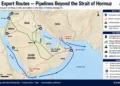 Map showing Gulf oil export routes, major pipelines, export terminals, and maritime chokepoints, including the Strait of Hormuz and Bab el-Mandeb Strait.