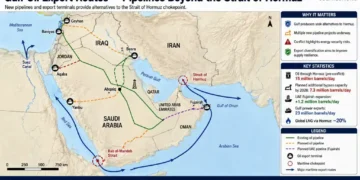 Map showing Gulf oil export routes, major pipelines, export terminals, and maritime chokepoints, including the Strait of Hormuz and Bab el-Mandeb Strait.