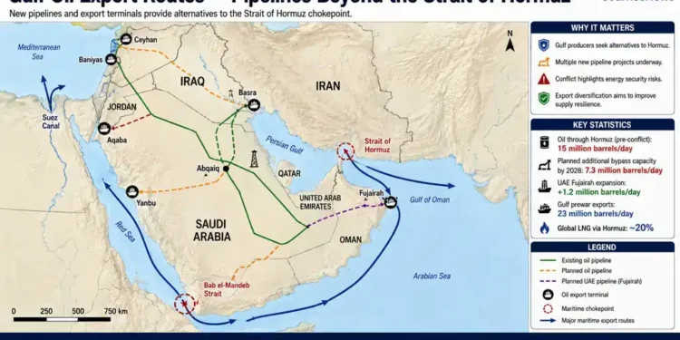 Map showing Gulf oil export routes, major pipelines, export terminals, and maritime chokepoints, including the Strait of Hormuz and Bab el-Mandeb Strait.