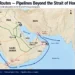 Map showing Gulf oil export routes, major pipelines, export terminals, and maritime chokepoints, including the Strait of Hormuz and Bab el-Mandeb Strait.