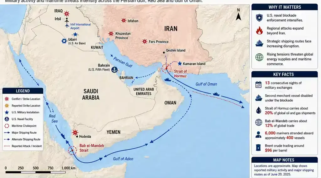 Regional map showing conflict locations, military activity, strategic shipping routes, and maritime chokepoints across the Persian Gulf, Red Sea, and Gulf of Oman.