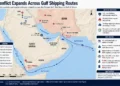 Regional map showing conflict locations, military activity, strategic shipping routes, and maritime chokepoints across the Persian Gulf, Red Sea, and Gulf of Oman.