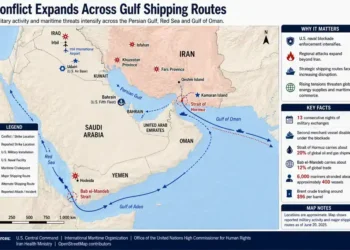 Regional map showing conflict locations, military activity, strategic shipping routes, and maritime chokepoints across the Persian Gulf, Red Sea, and Gulf of Oman.