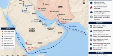 Regional map showing conflict locations, military activity, strategic shipping routes, and maritime chokepoints across the Persian Gulf, Red Sea, and Gulf of Oman.