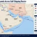 Regional map showing conflict locations, military activity, strategic shipping routes, and maritime chokepoints across the Persian Gulf, Red Sea, and Gulf of Oman.
