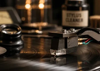 Audio-Technica MicroLine stylus examined during stylus wear study under magnification - Image Graphic/JournosNews (File)