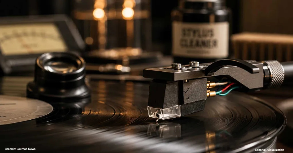 Audio-Technica MicroLine stylus examined during stylus wear study under magnification - Image Graphic/JournosNews (File)