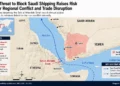Map showing the Bab el-Mandeb Strait, Houthi-controlled areas in Yemen, and major maritime shipping routes between the Red Sea and Gulf of Aden.