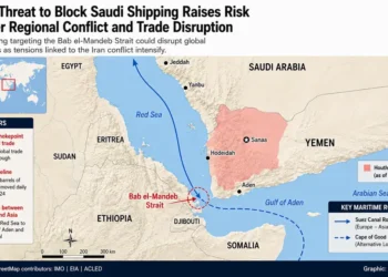 Map showing the Bab el-Mandeb Strait, Houthi-controlled areas in Yemen, and major maritime shipping routes between the Red Sea and Gulf of Aden.