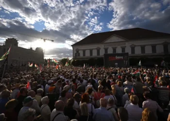 Protesters gather outside Sándor Palace in Budapest over plans to remove Hungary's president. - Tibor lilyes/MTI via AP
