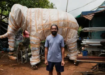 Robotic elephant displayed at a Hindu temple in Kerala, India. - AP Photo/Aijaz Rahi