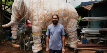Robotic elephant displayed at a Hindu temple in Kerala, India. - AP Photo/Aijaz Rahi