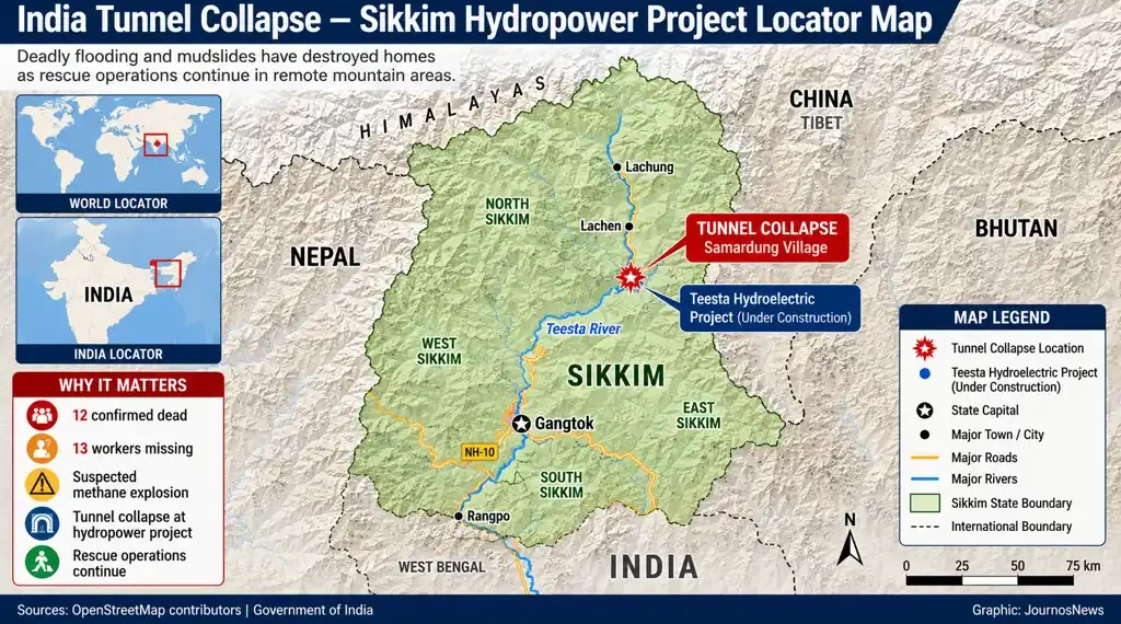 Locator map showing the tunnel collapse site at the Teesta Hydroelectric Project in Sikkim, India, with surrounding towns, rivers, and international borders.— Graphic: JournosNews.