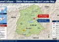 Locator map showing the tunnel collapse site at the Teesta Hydroelectric Project in Sikkim, India, with surrounding towns, rivers, and international borders.— Graphic: JournosNews.