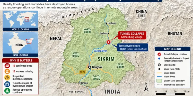 Locator map showing the tunnel collapse site at the Teesta Hydroelectric Project in Sikkim, India, with surrounding towns, rivers, and international borders.— Graphic: JournosNews.