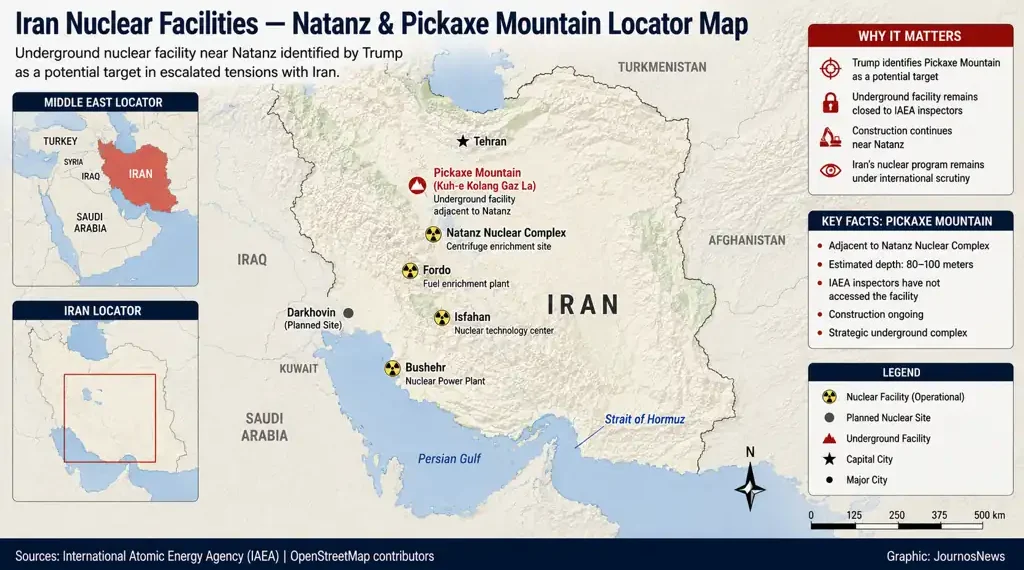 Locator map showing Iran's Natanz Nuclear Complex, Pickaxe Mountain underground facility, and other major nuclear sites, including Fordo, Isfahan, and Bushehr.