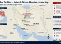 Locator map showing Iran's Natanz Nuclear Complex, Pickaxe Mountain underground facility, and other major nuclear sites, including Fordo, Isfahan, and Bushehr.