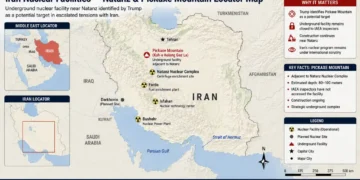 Locator map showing Iran's Natanz Nuclear Complex, Pickaxe Mountain underground facility, and other major nuclear sites, including Fordo, Isfahan, and Bushehr.