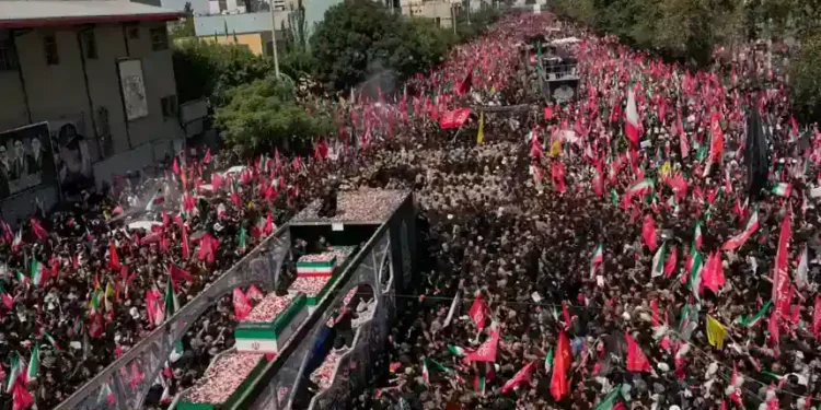 Mourners gather during Ayatollah Ali Khamenei's funeral procession in Tehran. - AP Photo/Vahid Salemi