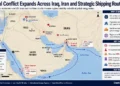 Regional map showing conflict locations across Iraq and Iran, major maritime shipping routes, and strategic chokepoints including the Strait of Hormuz and Bab el-Mandeb Strait.