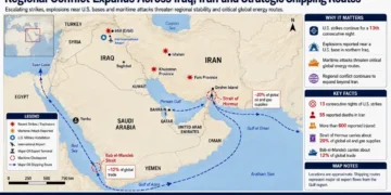 Regional map showing conflict locations across Iraq and Iran, major maritime shipping routes, and strategic chokepoints including the Strait of Hormuz and Bab el-Mandeb Strait.