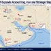 Regional map showing conflict locations across Iraq and Iran, major maritime shipping routes, and strategic chokepoints including the Strait of Hormuz and Bab el-Mandeb Strait.