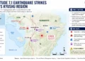 Editorial locator map showing the magnitude 7.1 earthquake in Japan's Kyushu region, including the epicenter, affected areas, infrastructure disruptions, and emergency response locations.