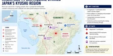 Editorial locator map showing the magnitude 7.1 earthquake in Japan's Kyushu region, including the epicenter, affected areas, infrastructure disruptions, and emergency response locations.