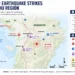 Editorial locator map showing the magnitude 7.1 earthquake in Japan's Kyushu region, including the epicenter, affected areas, infrastructure disruptions, and emergency response locations.