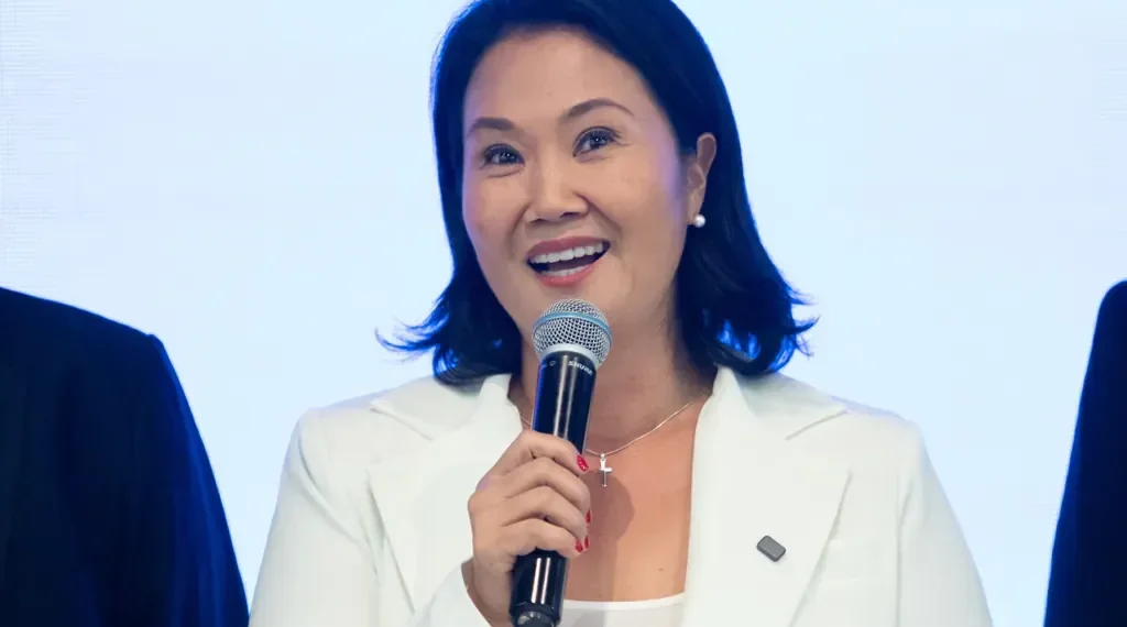 Keiko Fujimori speaks during a public statement in Peru while addressing reporters and supporters during a media appearance.