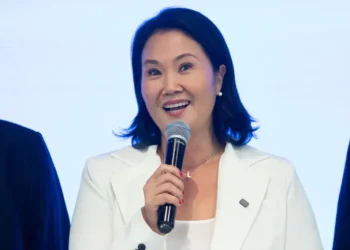 Keiko Fujimori speaks during a public statement in Peru while addressing reporters and supporters during a media appearance.