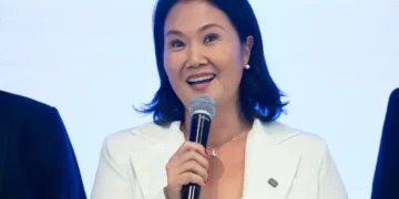 Keiko Fujimori speaks during a public statement in Peru while addressing reporters and supporters during a media appearance.