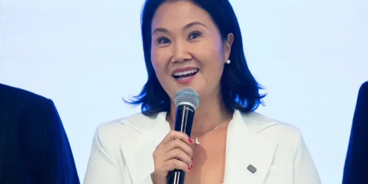 Keiko Fujimori speaks during a public statement in Peru while addressing reporters and supporters during a media appearance.