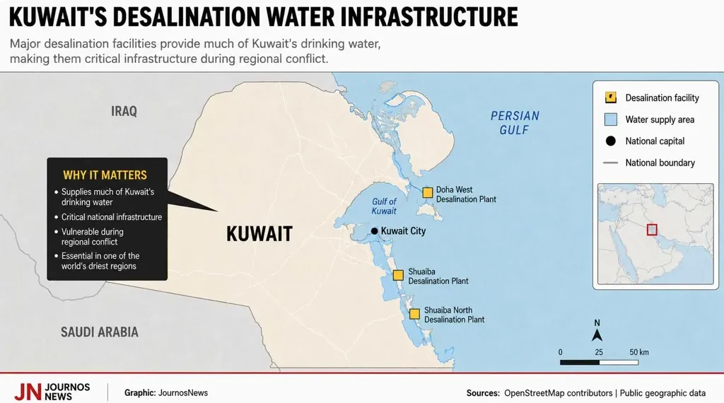 Kuwait map showing major desalination facilities and water supply areas. — Graphic: JournosNews (File)