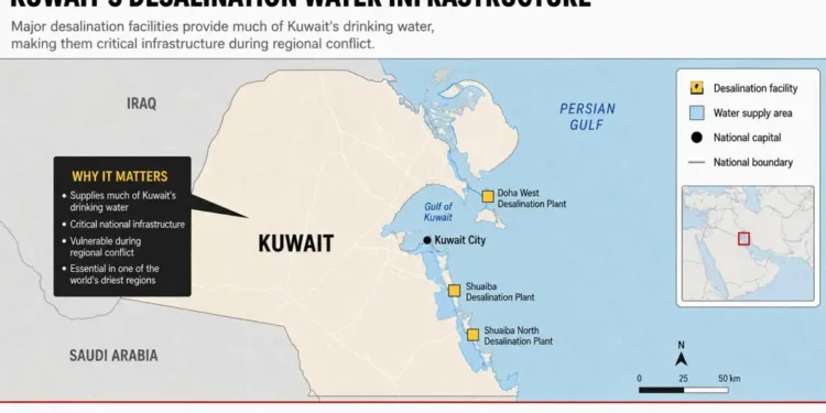 Kuwait map showing major desalination facilities and water supply areas. — Graphic: JournosNews (File)