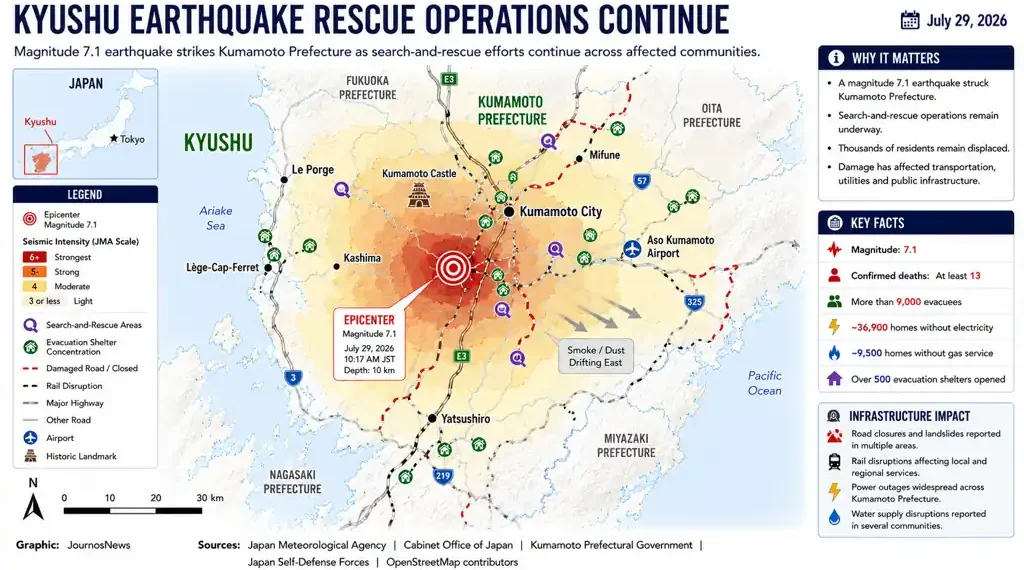 Editorial map showing the magnitude 7.1 earthquake in Kumamoto Prefecture, Japan, with the epicenter, rescue operations, damaged infrastructure, evacuation shelters, and affected communities across Kyushu.