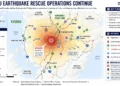 Editorial map showing the magnitude 7.1 earthquake in Kumamoto Prefecture, Japan, with the epicenter, rescue operations, damaged infrastructure, evacuation shelters, and affected communities across Kyushu.