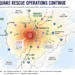 Editorial map showing the magnitude 7.1 earthquake in Kumamoto Prefecture, Japan, with the epicenter, rescue operations, damaged infrastructure, evacuation shelters, and affected communities across Kyushu.