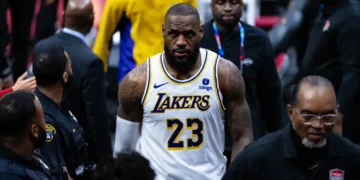 LeBron James of the Los Angeles Lakers during an NBA game against the Cleveland Cavaliers in Cleveland.
